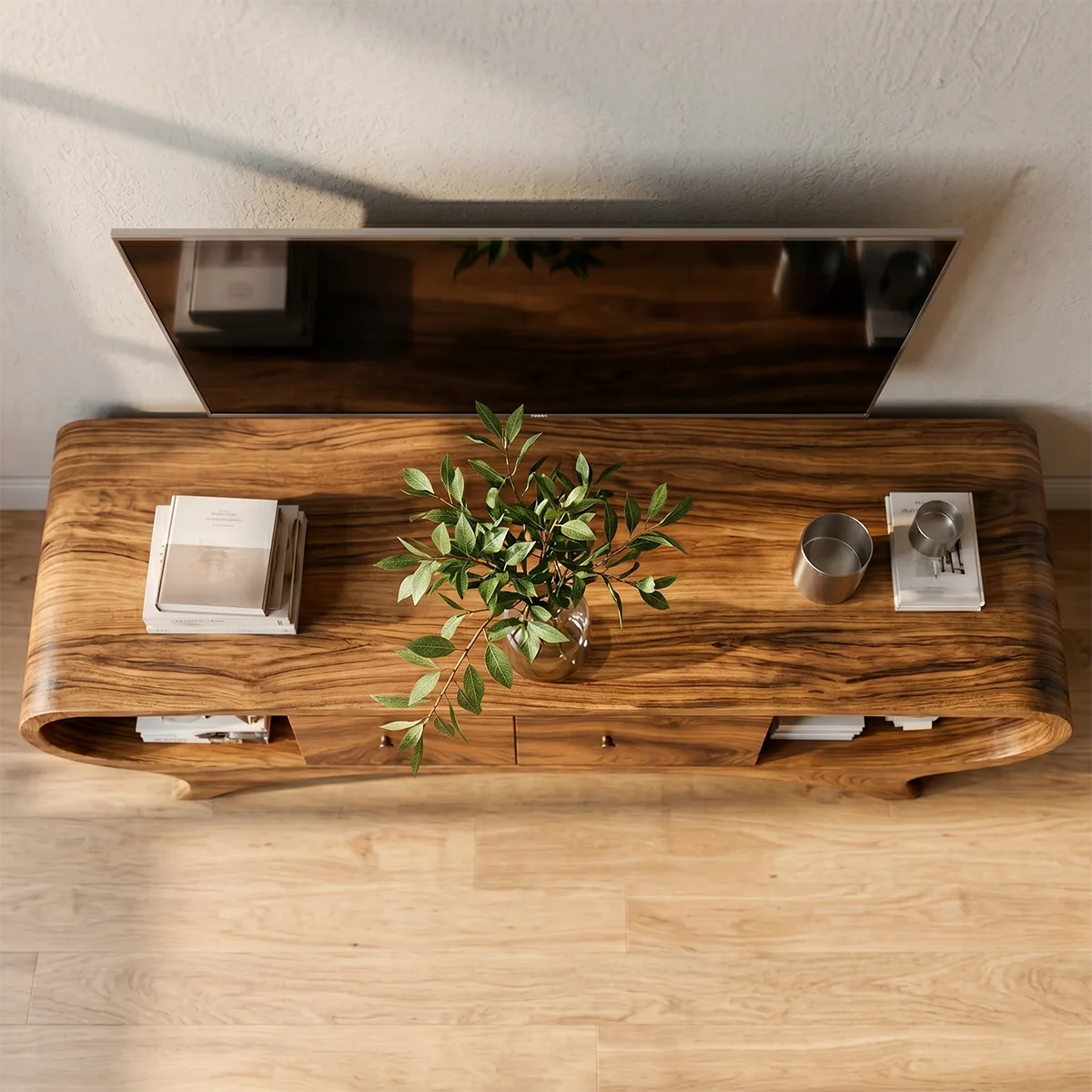 Modern Solid Wood Sculptural Curved TV Stand