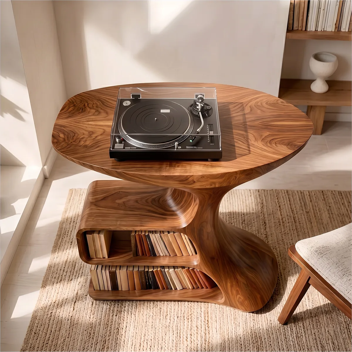 Solid Wood Record Player Stand, Modern Sculptural Vinyl Storage Console Table