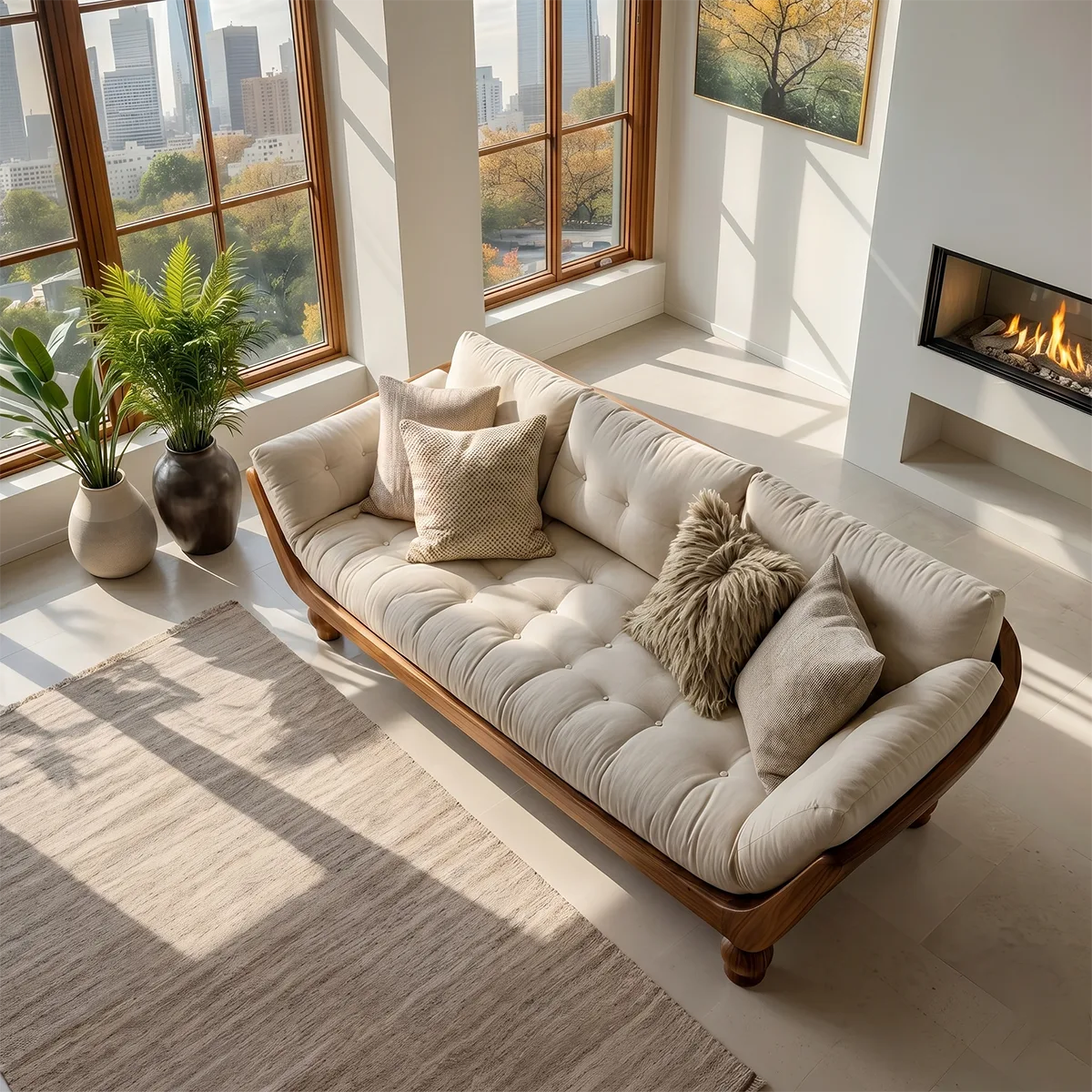 Luxury Organic Modern Wooden Sofa with Deep Tufted Cushion Design