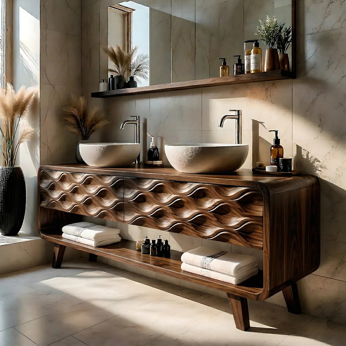 Solid Wood Bathroom Vanity with Carved Wave Front and Open Shelf