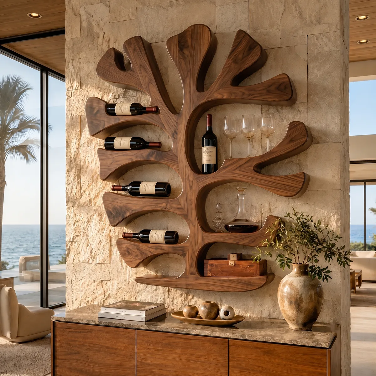Sculptural Solid Wood Tree Wine Holder for Home Bars, Kitchen & Dining Rooms TT006-9699