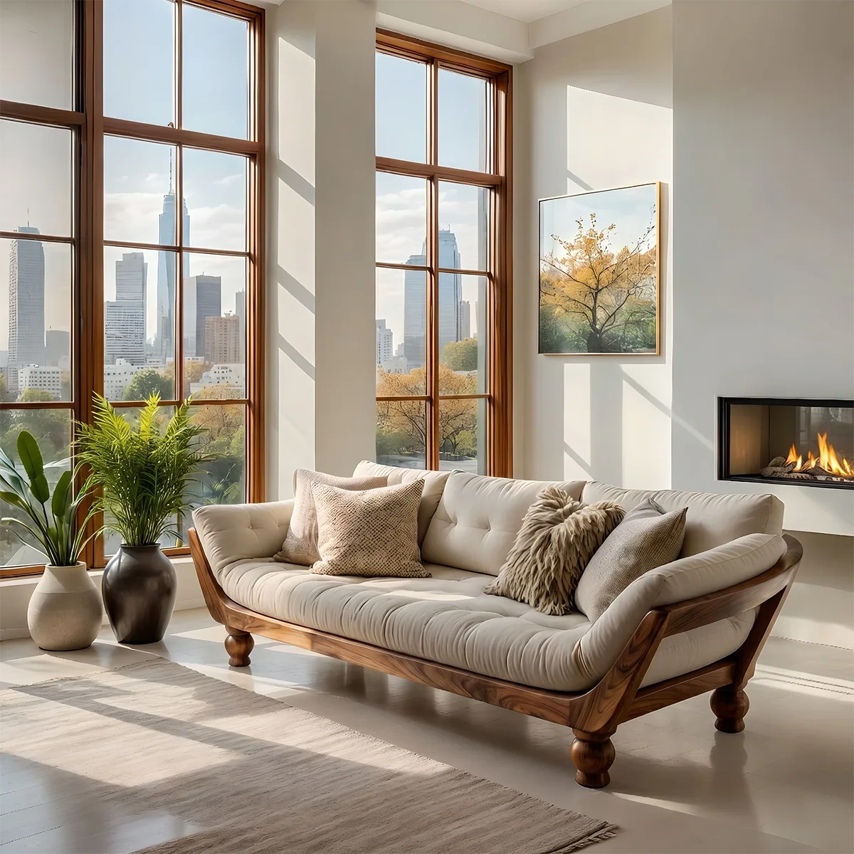 Luxury Organic Modern Wooden Sofa with Deep Tufted Cushion Design