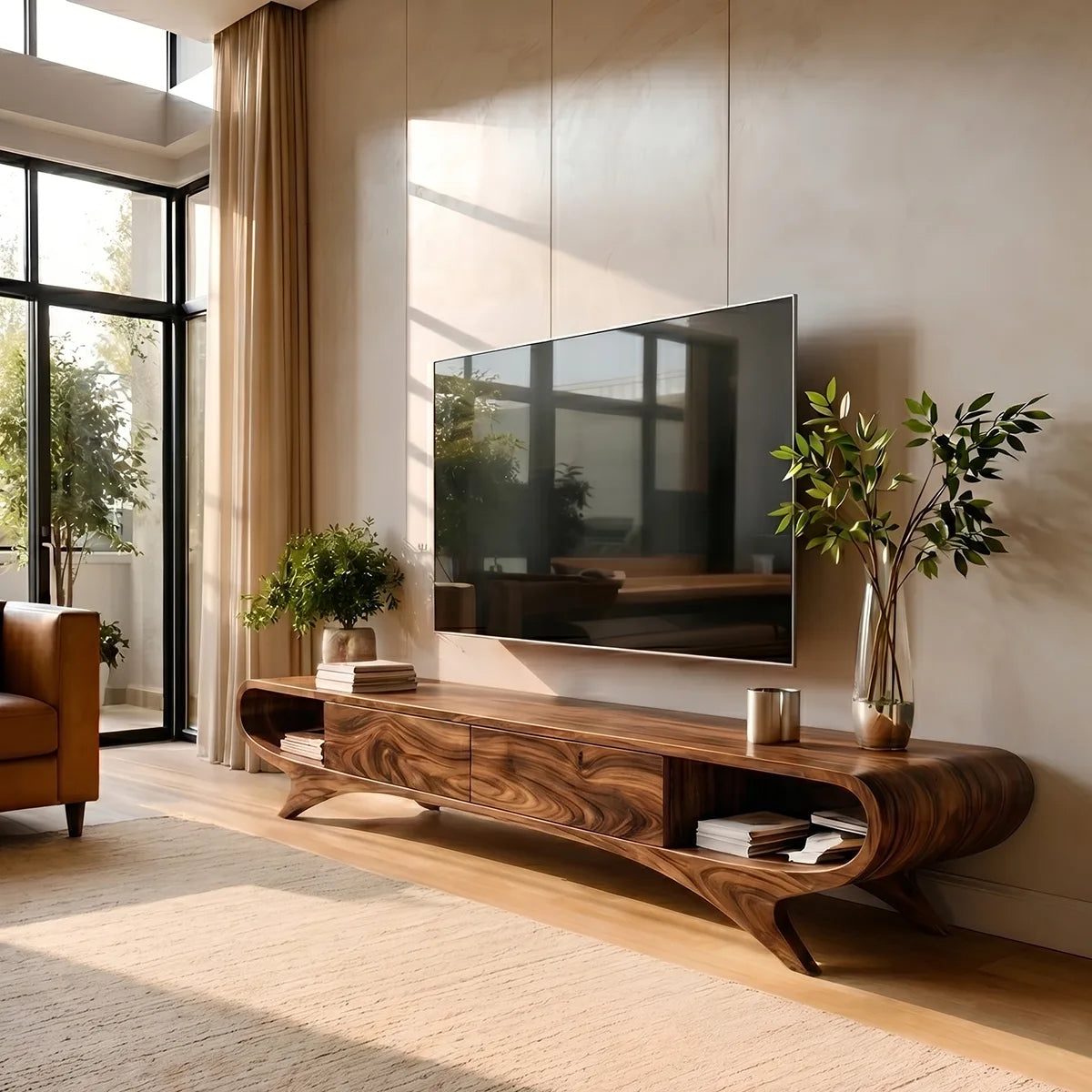 Modern Solid Wood Sculptural Curved TV Stand