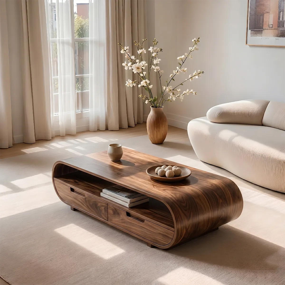 Handcrafted Solid Wood Curved Coffee Table with Drawers and Open Shelf