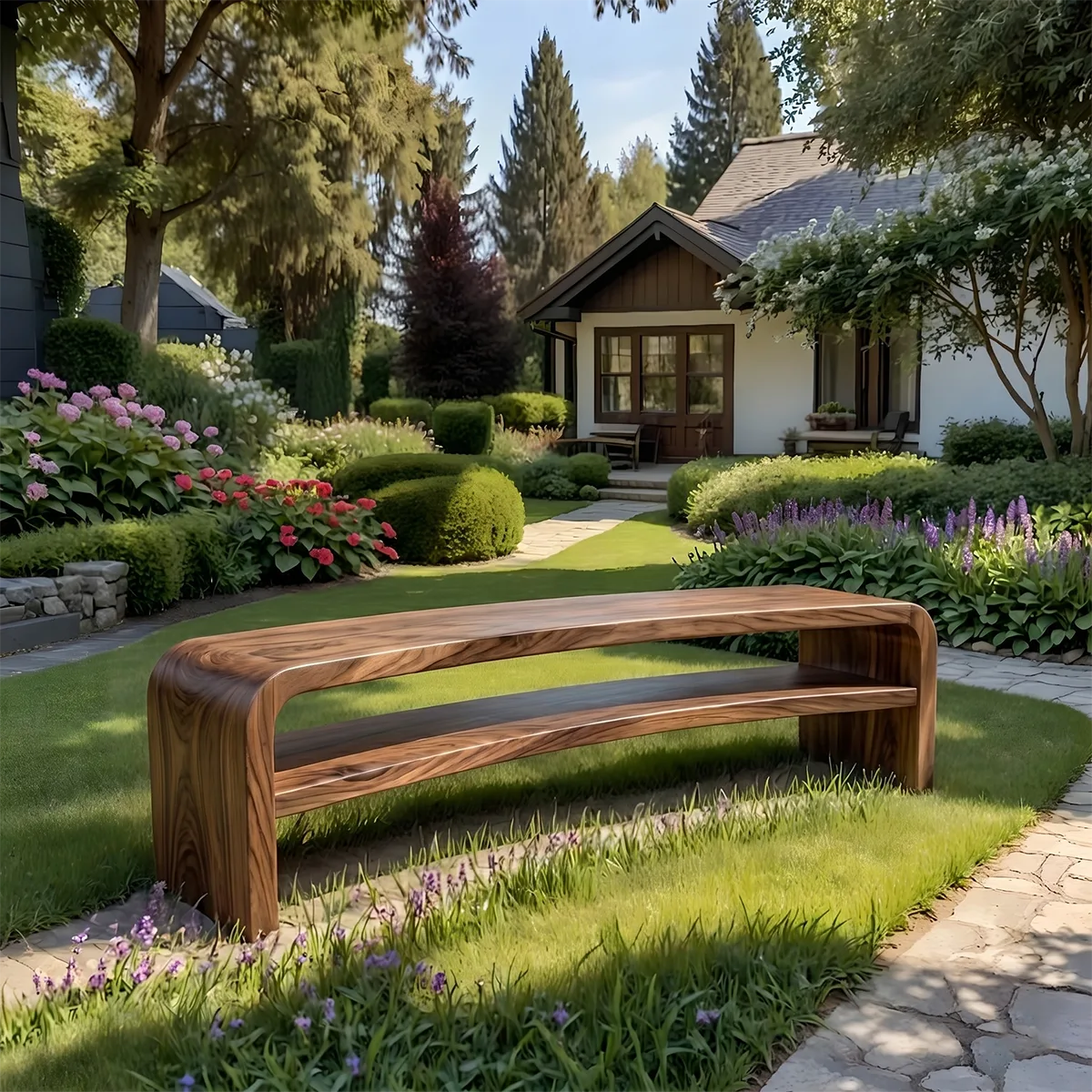 Handcrafted Solid Wood Outdoor Bench Waterfall Curve Open Shelf Garden Bench