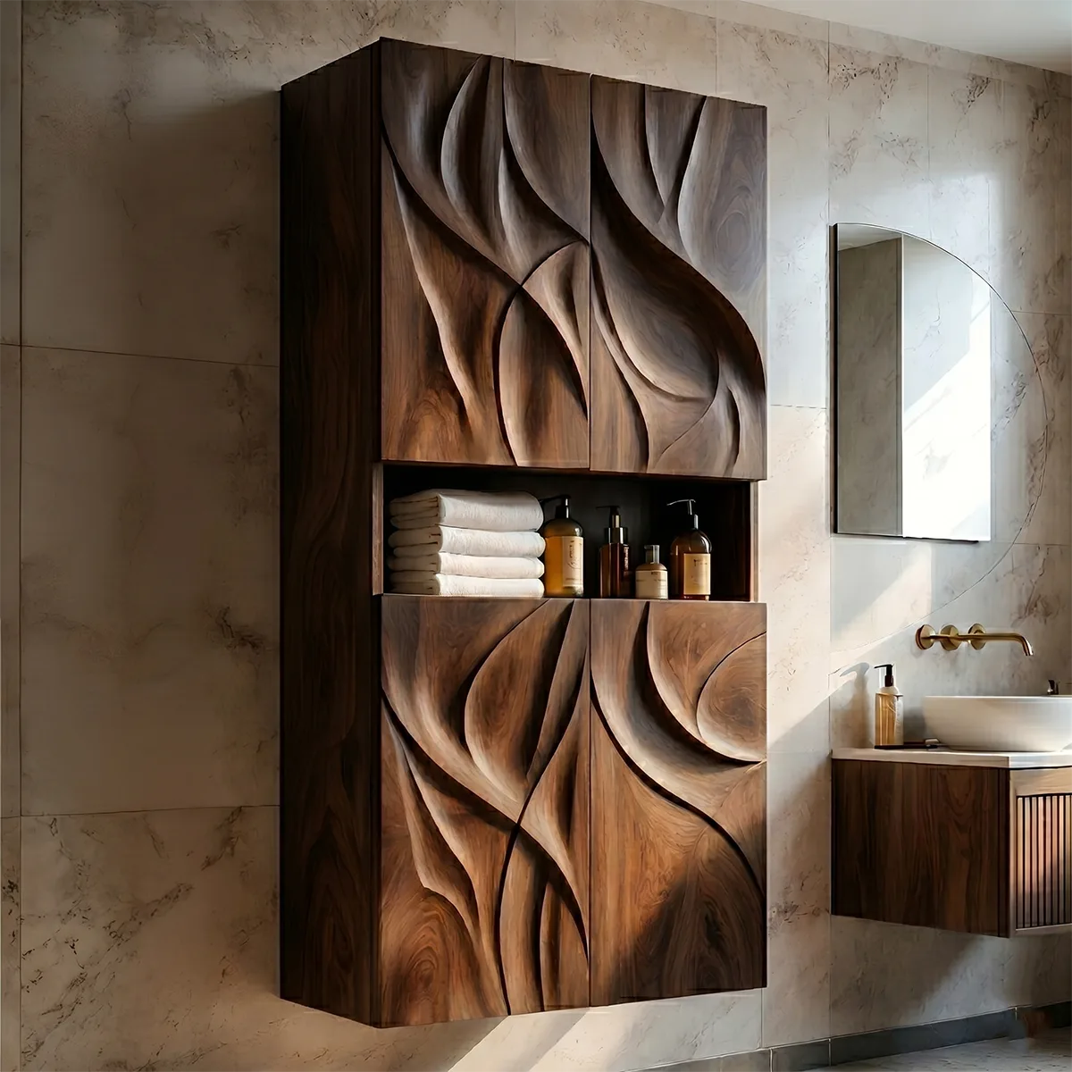 Handcrafted Solid Wood Wall Storage Cabinet Sculpted Bathroom Cabinet