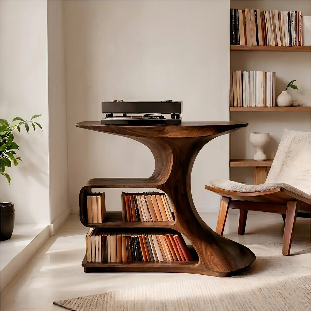 Solid Wood Record Player Stand, Modern Sculptural Vinyl Storage Console Table