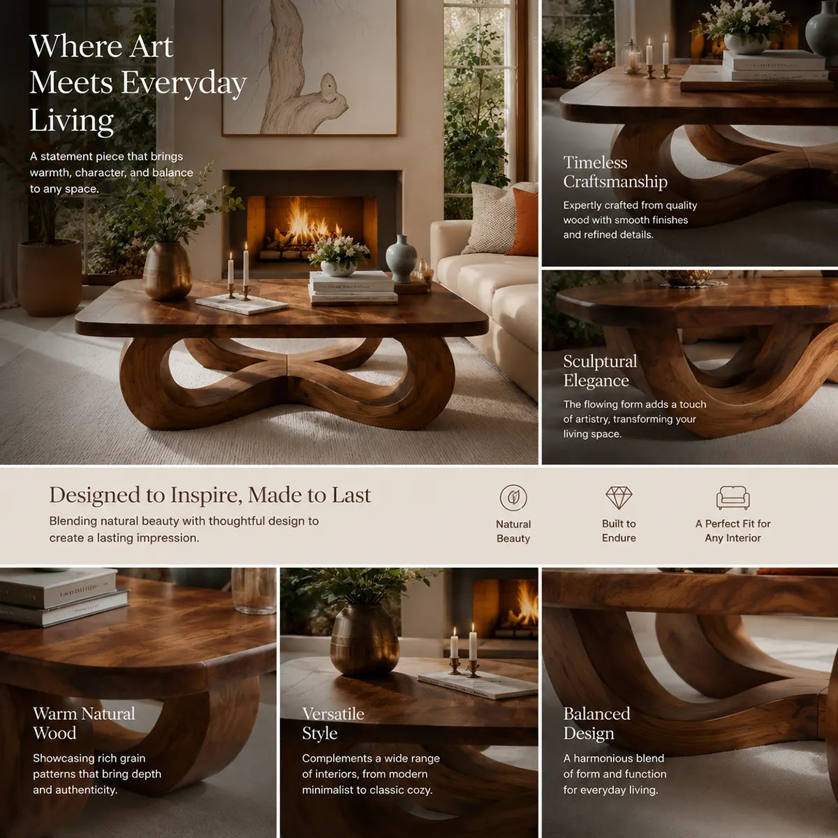 Handcrafted Solid Wood Coffee Table with Artistic Infinity Base TT006-3643
