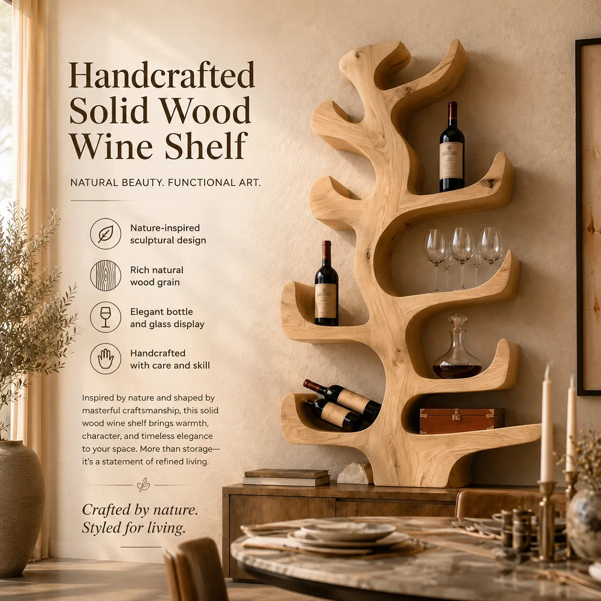 Sculptural Solid Wood Tree Wine Holder for Dining Rooms, Home Bars & Wine Lovers TT006-4348