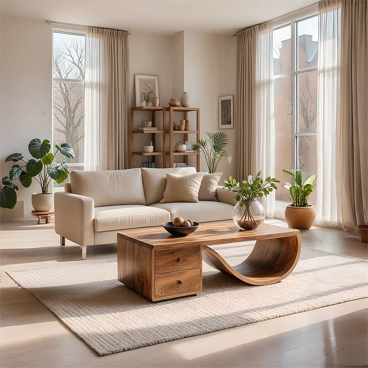 Modern Solid Wood Sculptural Coffee Table with Storage Drawers
