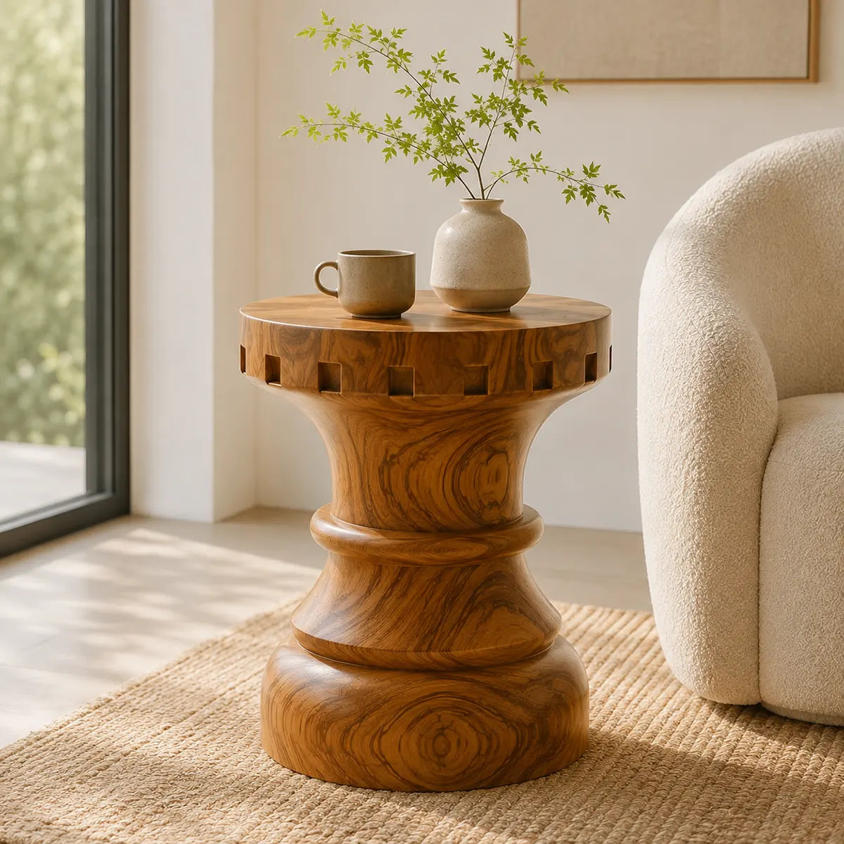 Sculptural Square Notch Wood End Table | Round Turned Pedestal Side Table TT006-7CML8BQ