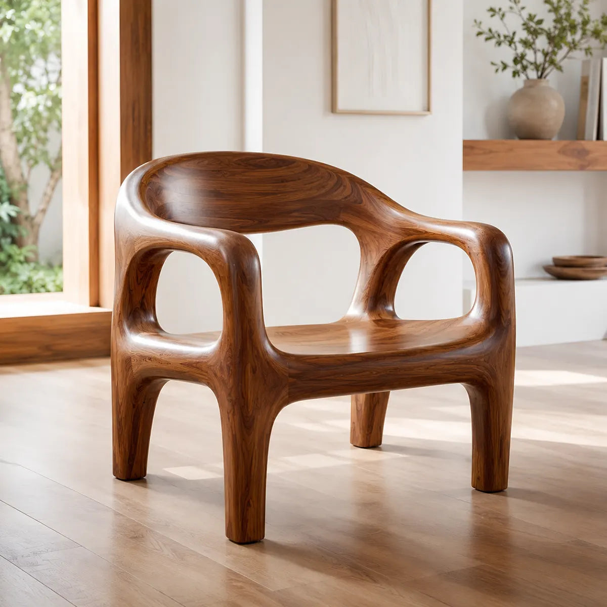 Organic Modern Solid Wood Accent Chair | Sculptural Wooden Dining Chair for Contemporary Interiors TT006-5535