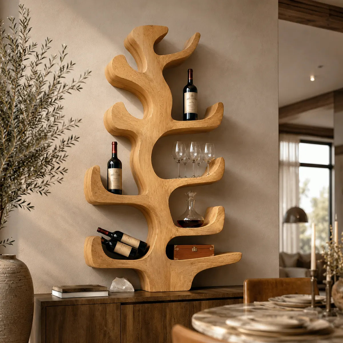 Sculptural Solid Wood Tree Wine Holder for Dining Rooms, Home Bars & Wine Lovers TT006-4348