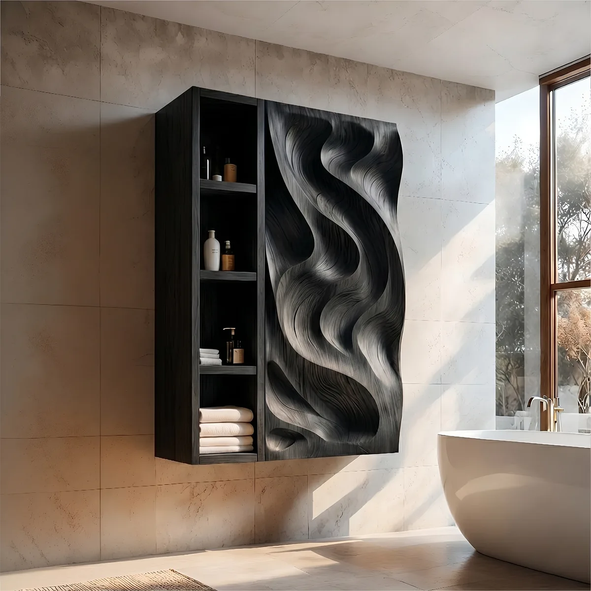 Solid Wood Wall Storage Cabinet Handcrafted Carved Wave Bathroom Cabinet