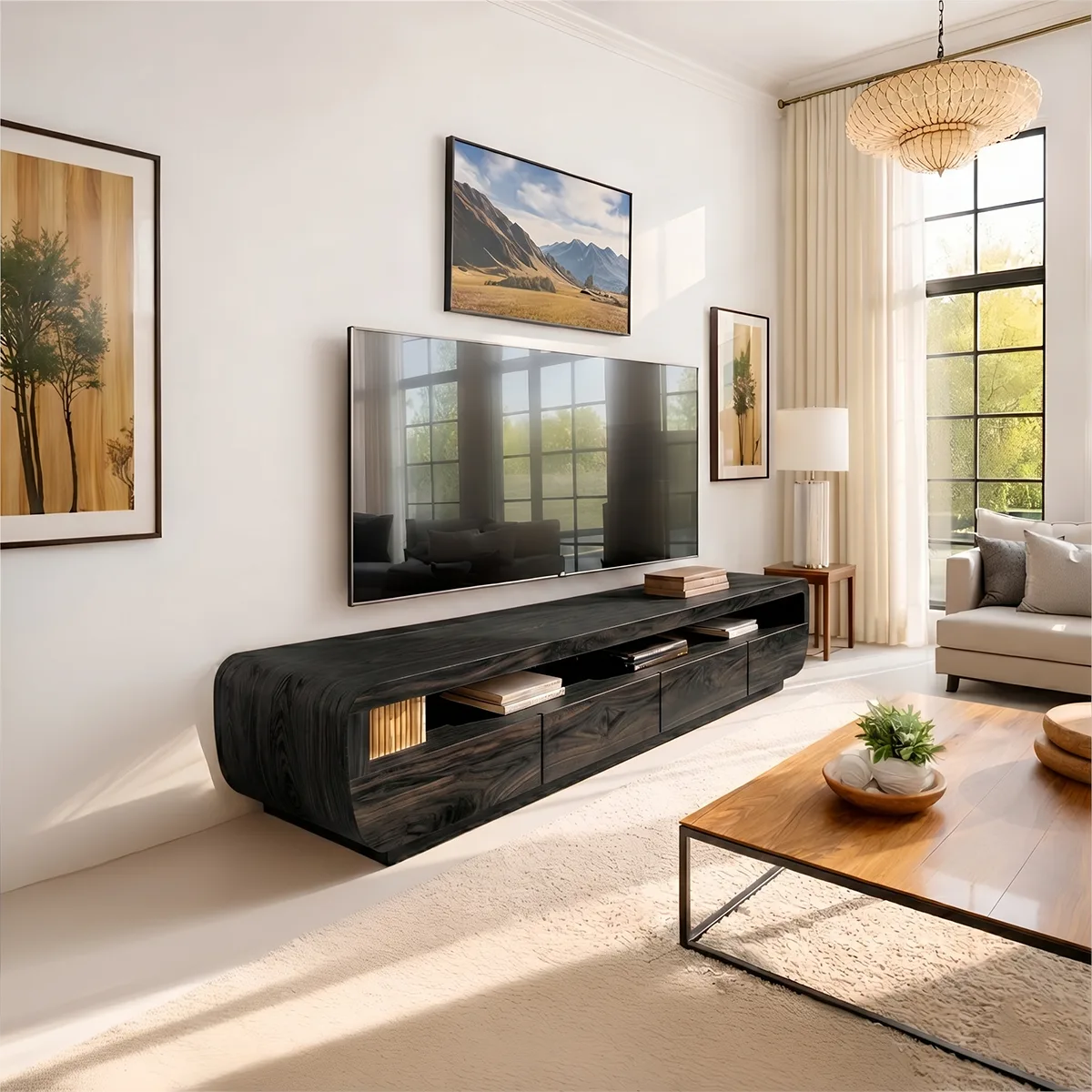 Modern Solid Wood Asymmetrical Rounded TV Stand