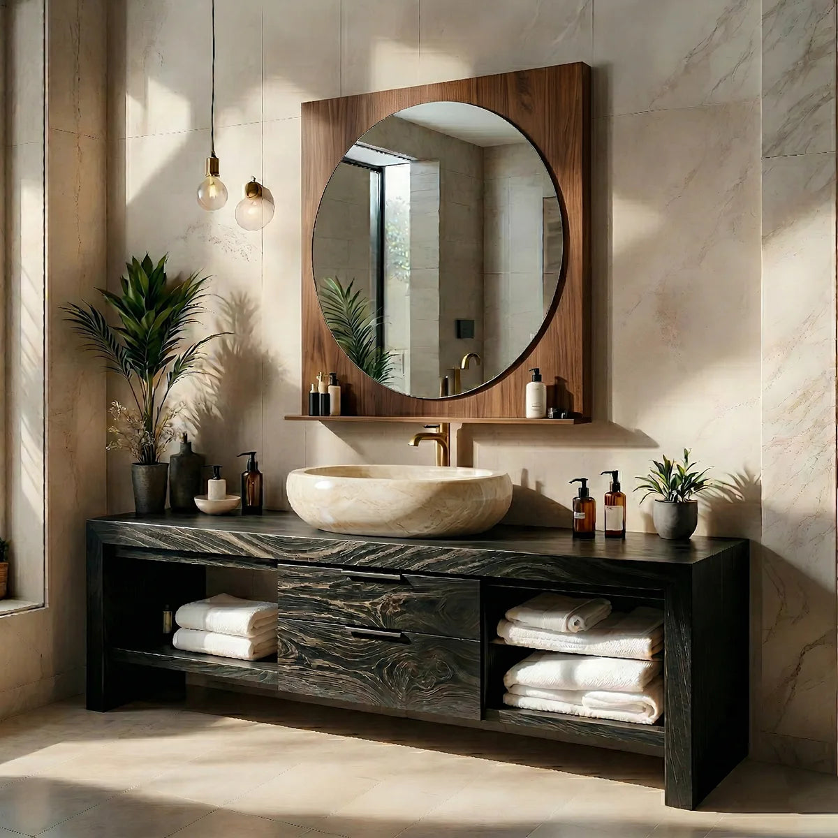Solid Wood Bathroom Vanity with Open Shelves and 2 Center Drawers
