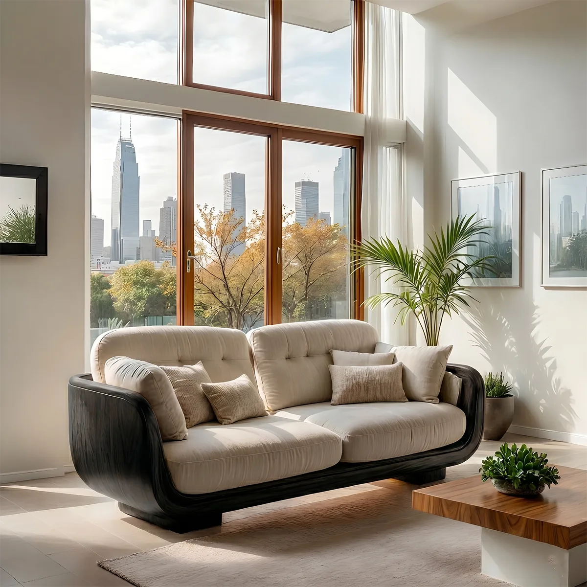 Luxury Curved Wooden Sofa with Organic Modern Sculptural Design