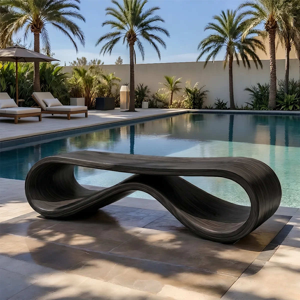 Handcrafted Solid Wood Outdoor Bench Infinity Wave Sculptural Patio Bench