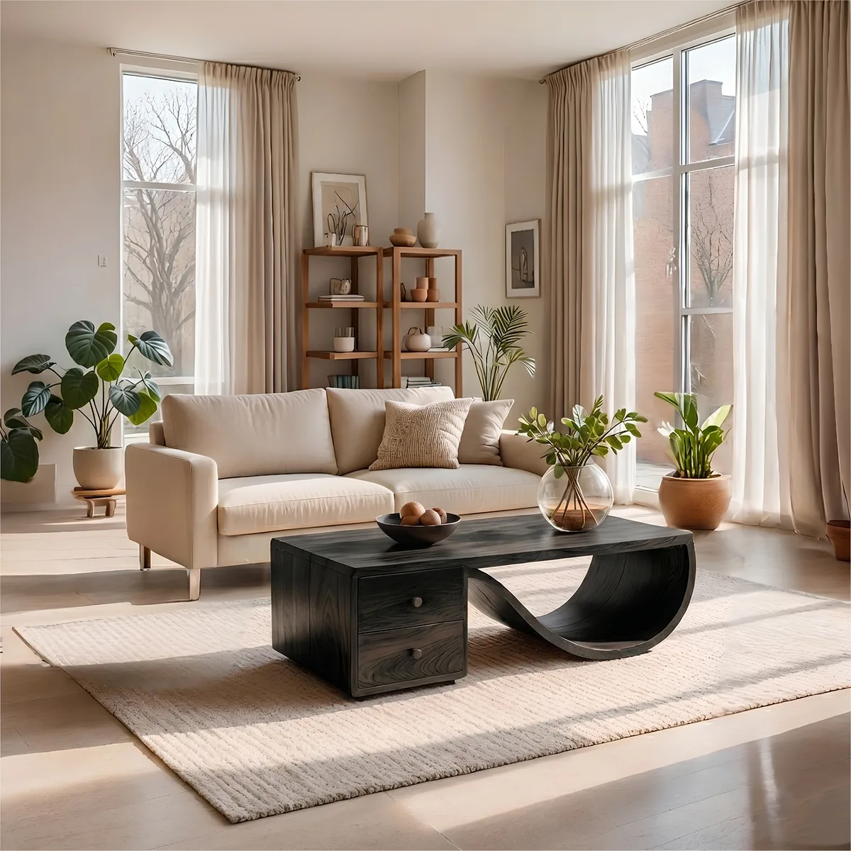 Modern Solid Wood Sculptural Coffee Table with Storage Drawers