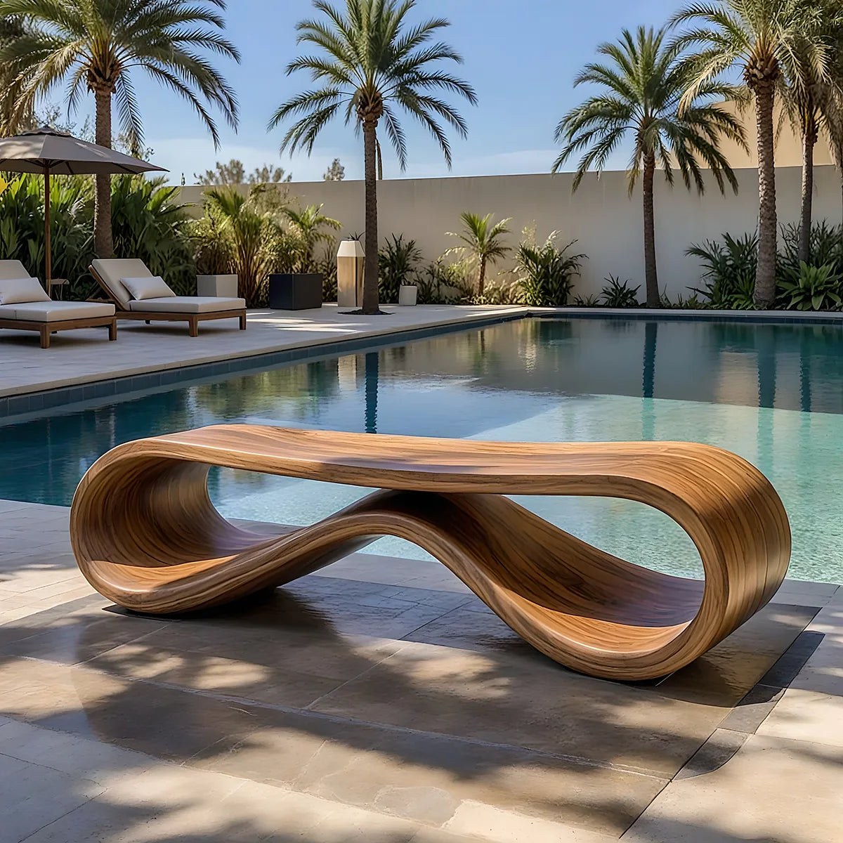 Handcrafted Solid Wood Outdoor Bench Infinity Wave Sculptural Patio Bench