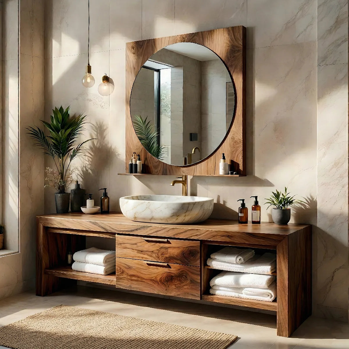 Solid Wood Bathroom Vanity with Open Shelves and 2 Center Drawers