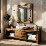 Solid Wood Bathroom Vanity with Open Shelves and 2 Center Drawers
