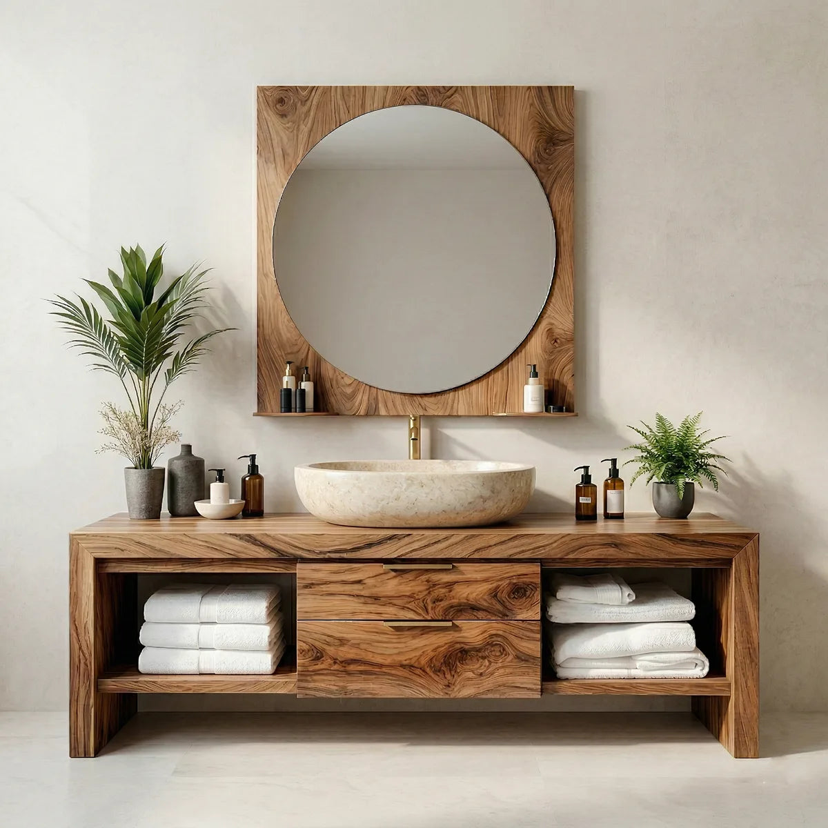 Solid Wood Bathroom Vanity with Open Shelves and 2 Center Drawers