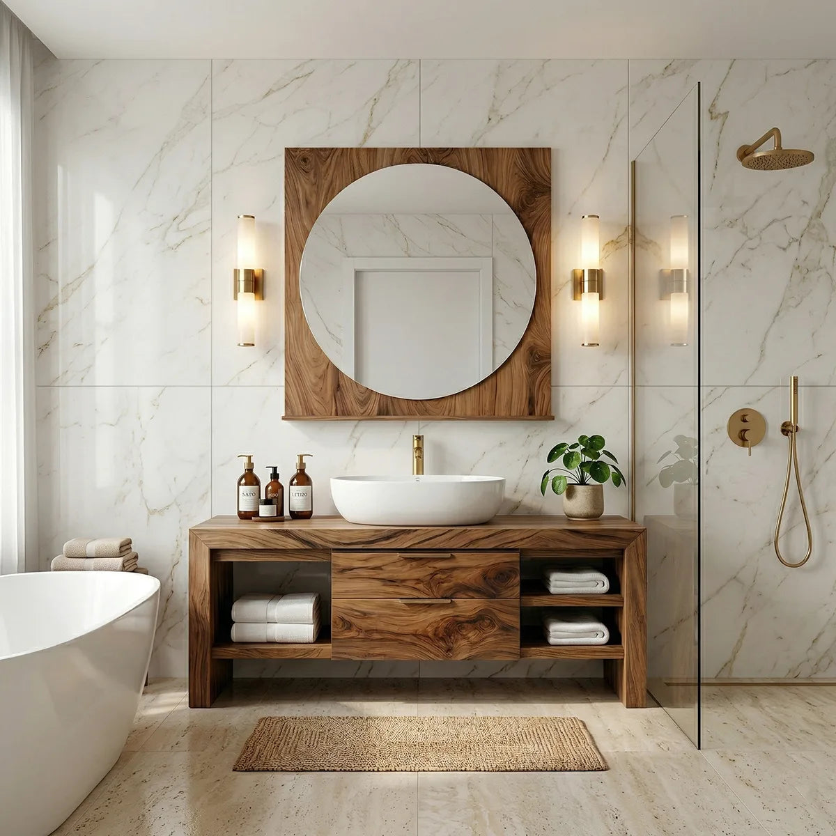 Solid Wood Bathroom Vanity with Open Shelves and 2 Center Drawers