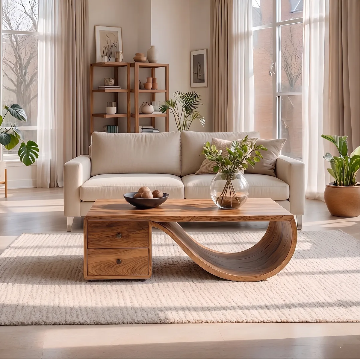 Modern Solid Wood Sculptural Coffee Table with Storage Drawers