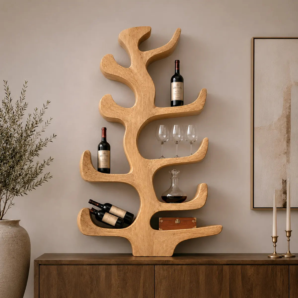 Sculptural Solid Wood Tree Wine Holder for Dining Rooms, Home Bars & Wine Lovers TT006-4348