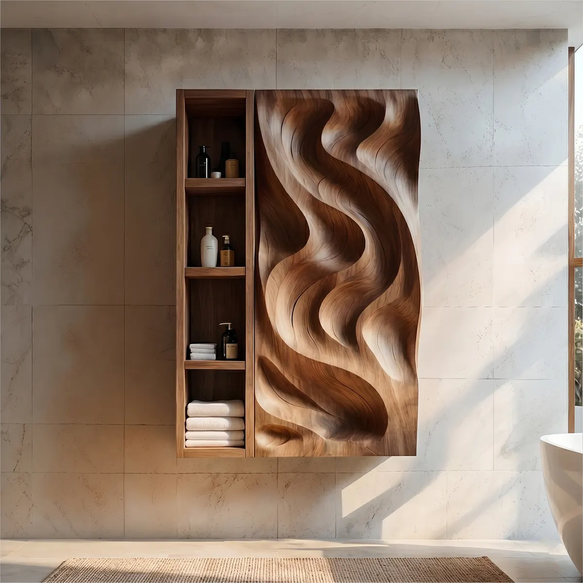 Solid Wood Wall Storage Cabinet Handcrafted Carved Wave Bathroom Cabinet