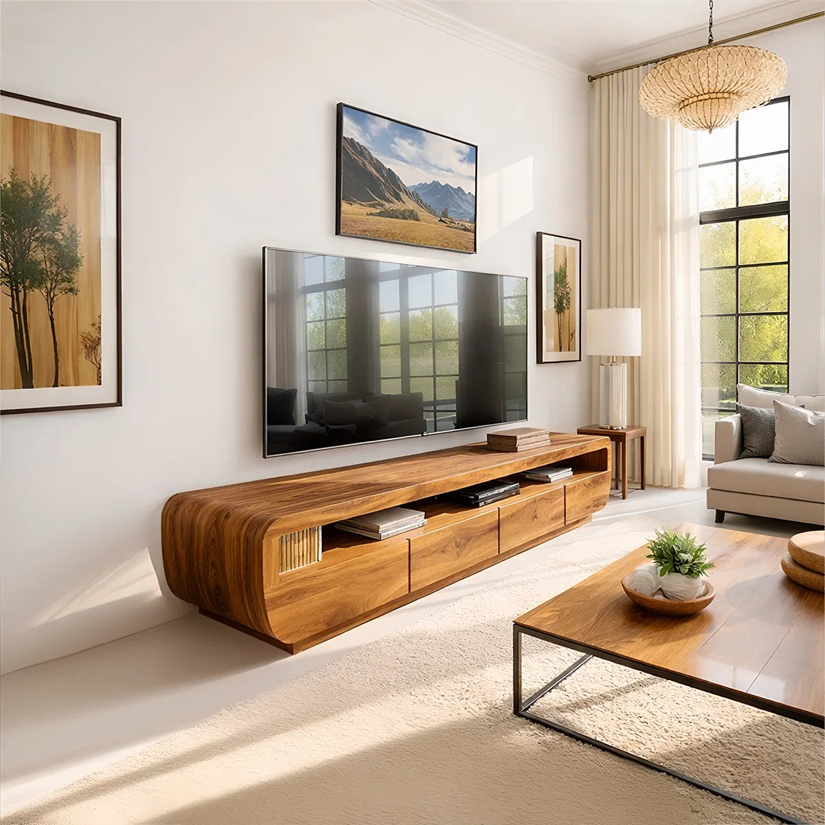 Modern Solid Wood Asymmetrical Rounded TV Stand
