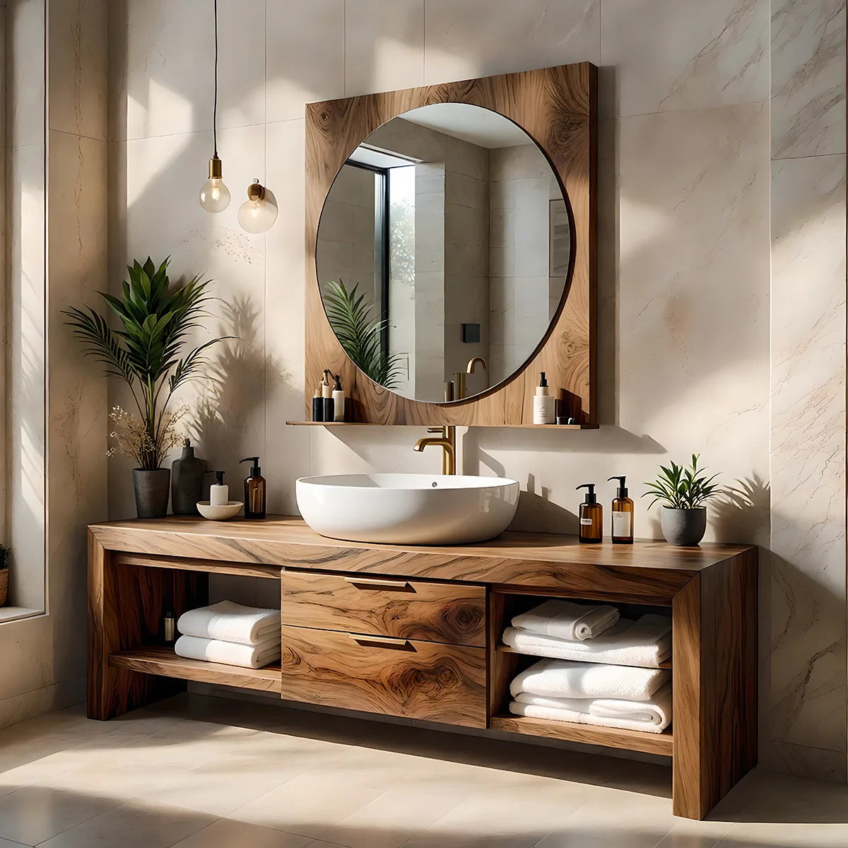 Solid Wood Bathroom Vanity with Open Shelves and 2 Center Drawers