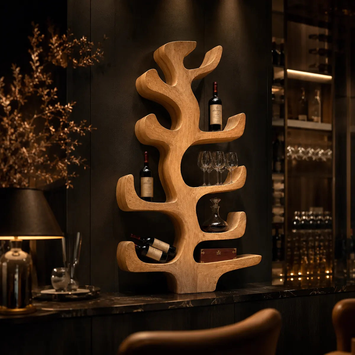 Sculptural Solid Wood Tree Wine Holder for Dining Rooms, Home Bars & Wine Lovers TT006-4348