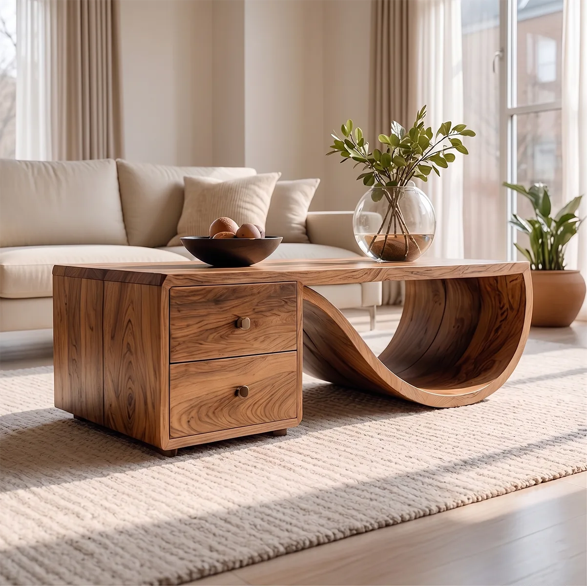 Modern Solid Wood Sculptural Coffee Table with Storage Drawers