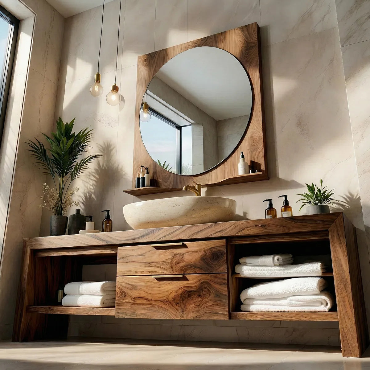 Solid Wood Bathroom Vanity with Open Shelves and 2 Center Drawers