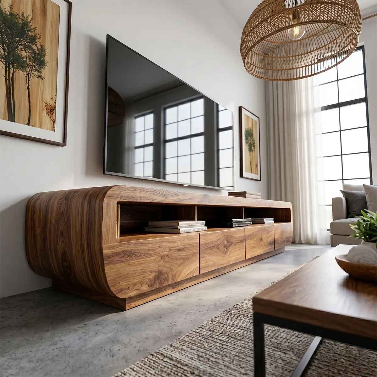 Modern Solid Wood Asymmetrical Rounded TV Stand