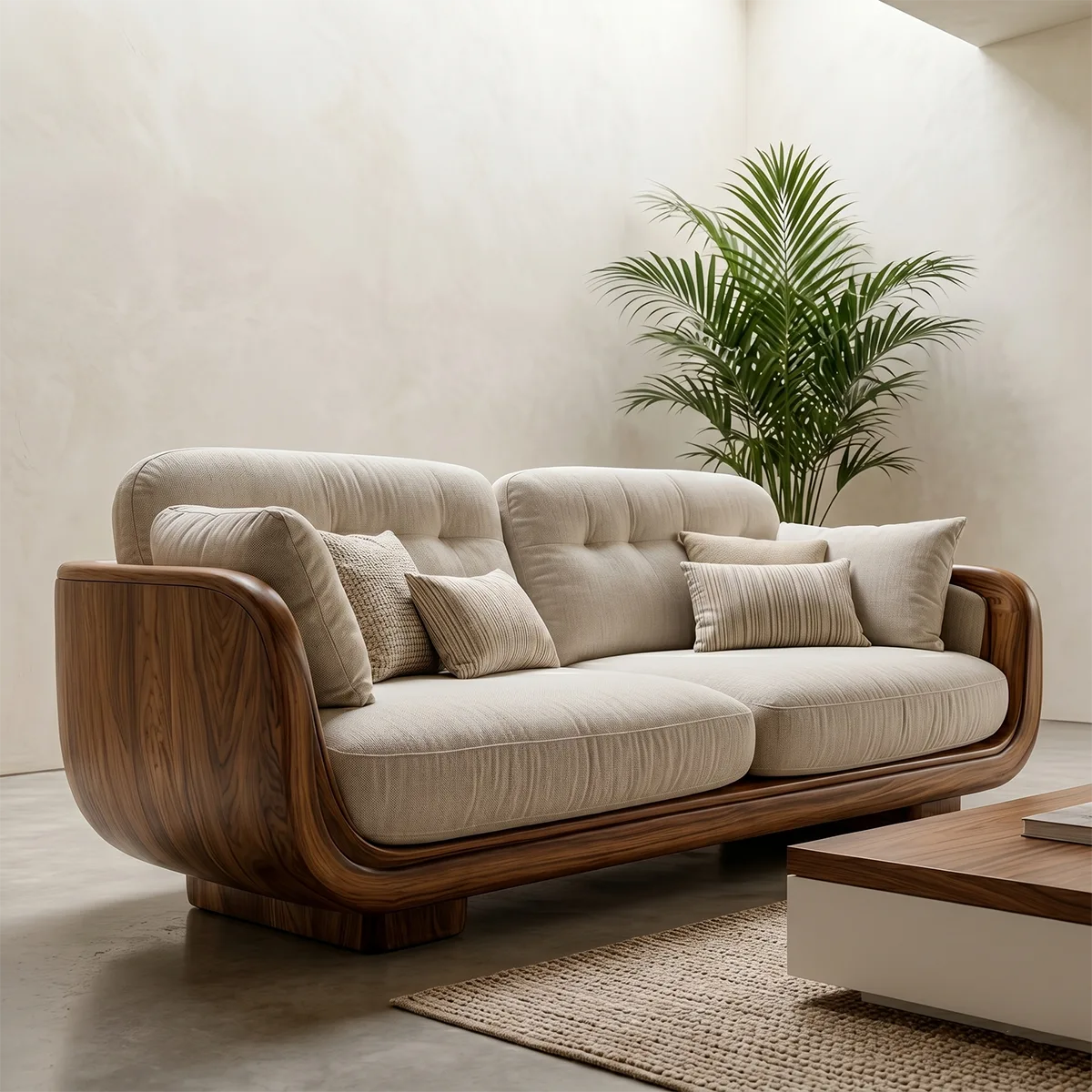 Luxury Curved Wooden Sofa with Organic Modern Sculptural Design