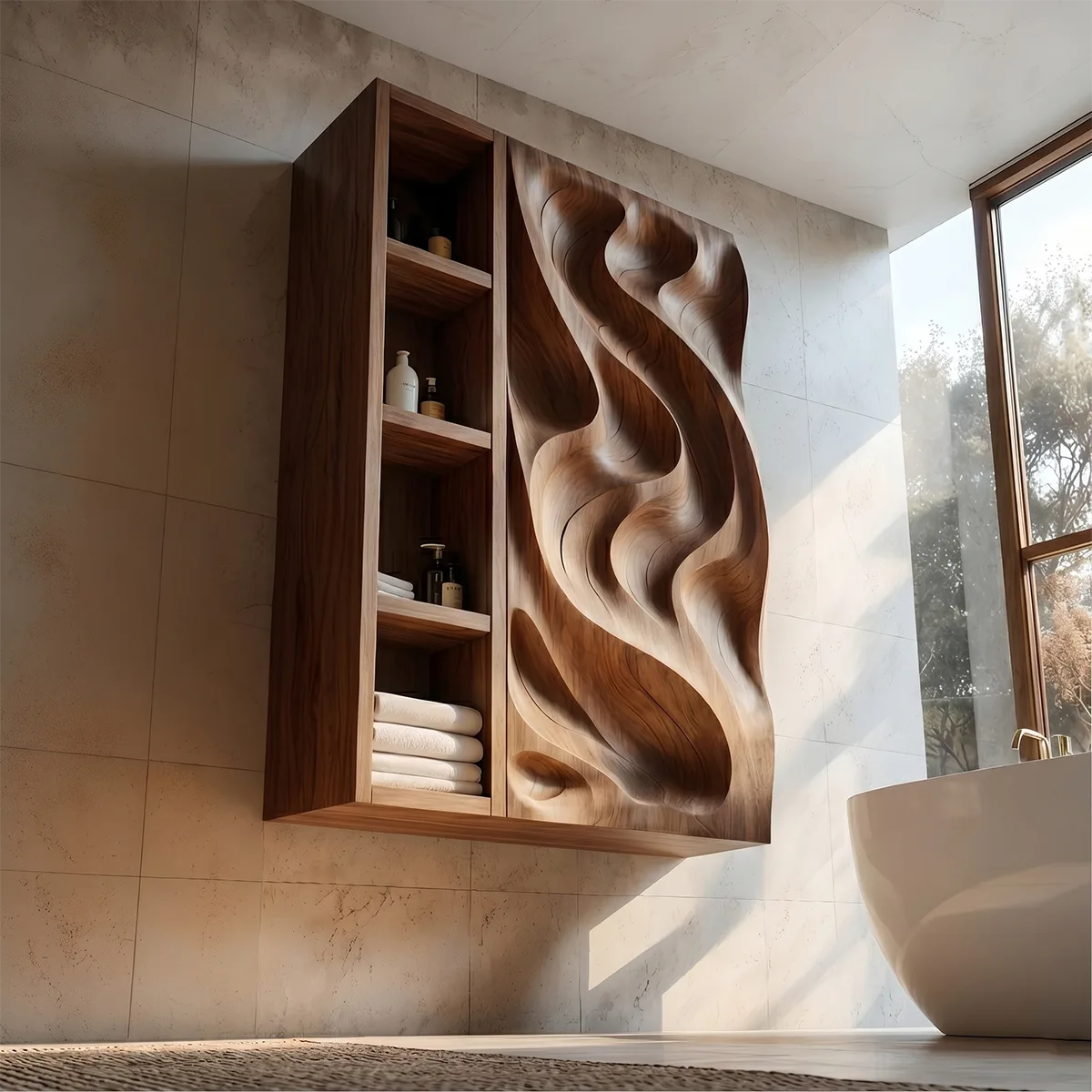 Solid Wood Wall Storage Cabinet Handcrafted Carved Wave Bathroom Cabinet