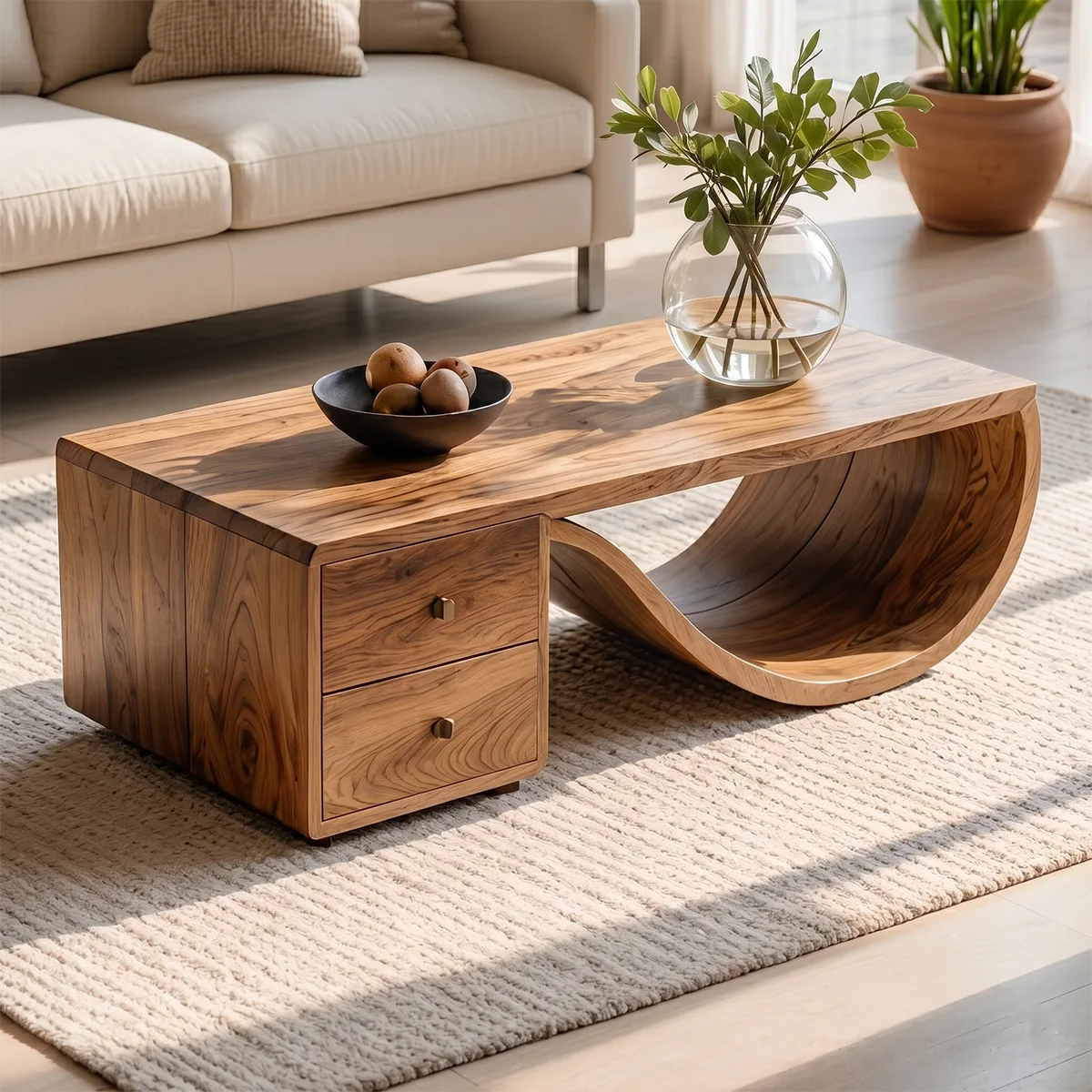 Modern Solid Wood Sculptural Coffee Table with Storage Drawers