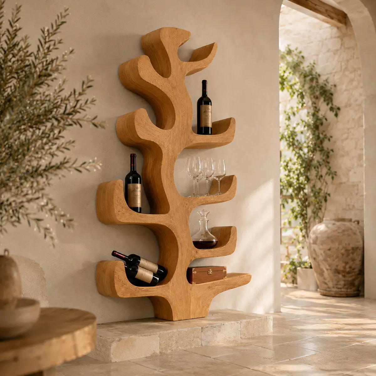 Sculptural Solid Wood Tree Wine Holder for Dining Rooms, Home Bars & Wine Lovers TT006-4348