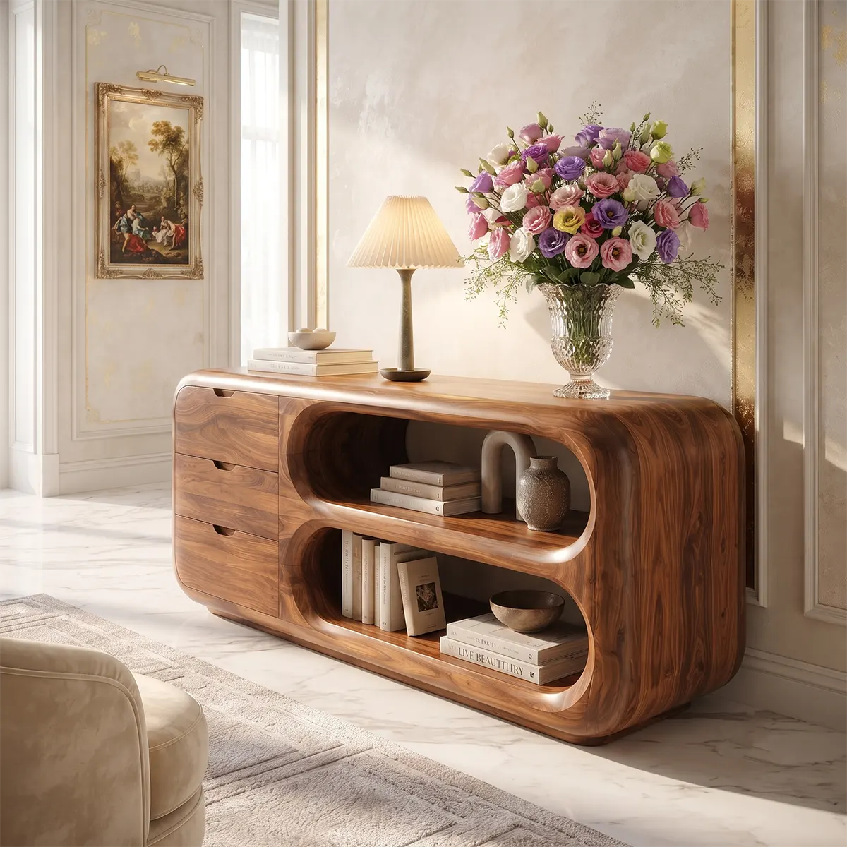 Modern Organic Storage Console Table – Contemporary Entryway Console with Drawers TT006-6037