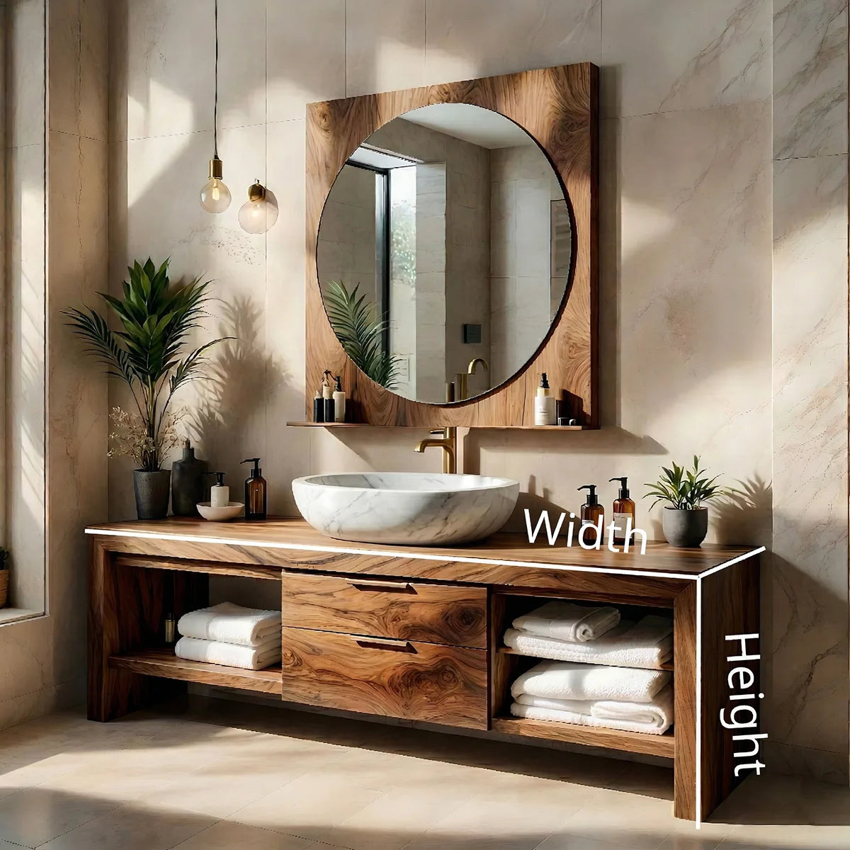 Solid Wood Bathroom Vanity with Open Shelves and 2 Center Drawers