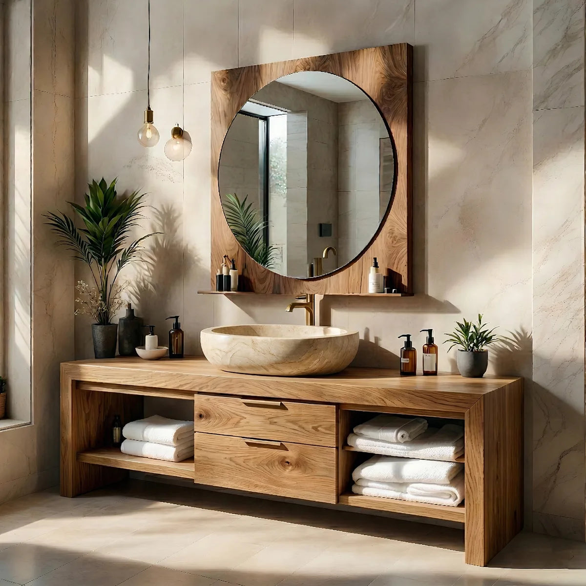 Solid Wood Bathroom Vanity with Open Shelves and 2 Center Drawers