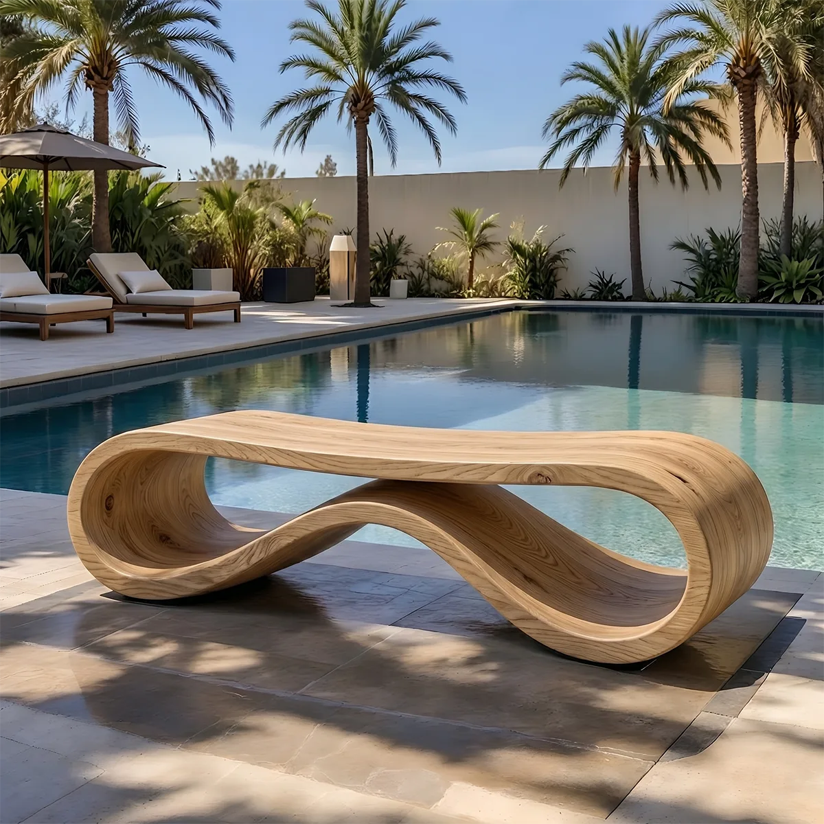 Handcrafted Solid Wood Outdoor Bench Infinity Wave Sculptural Patio Bench