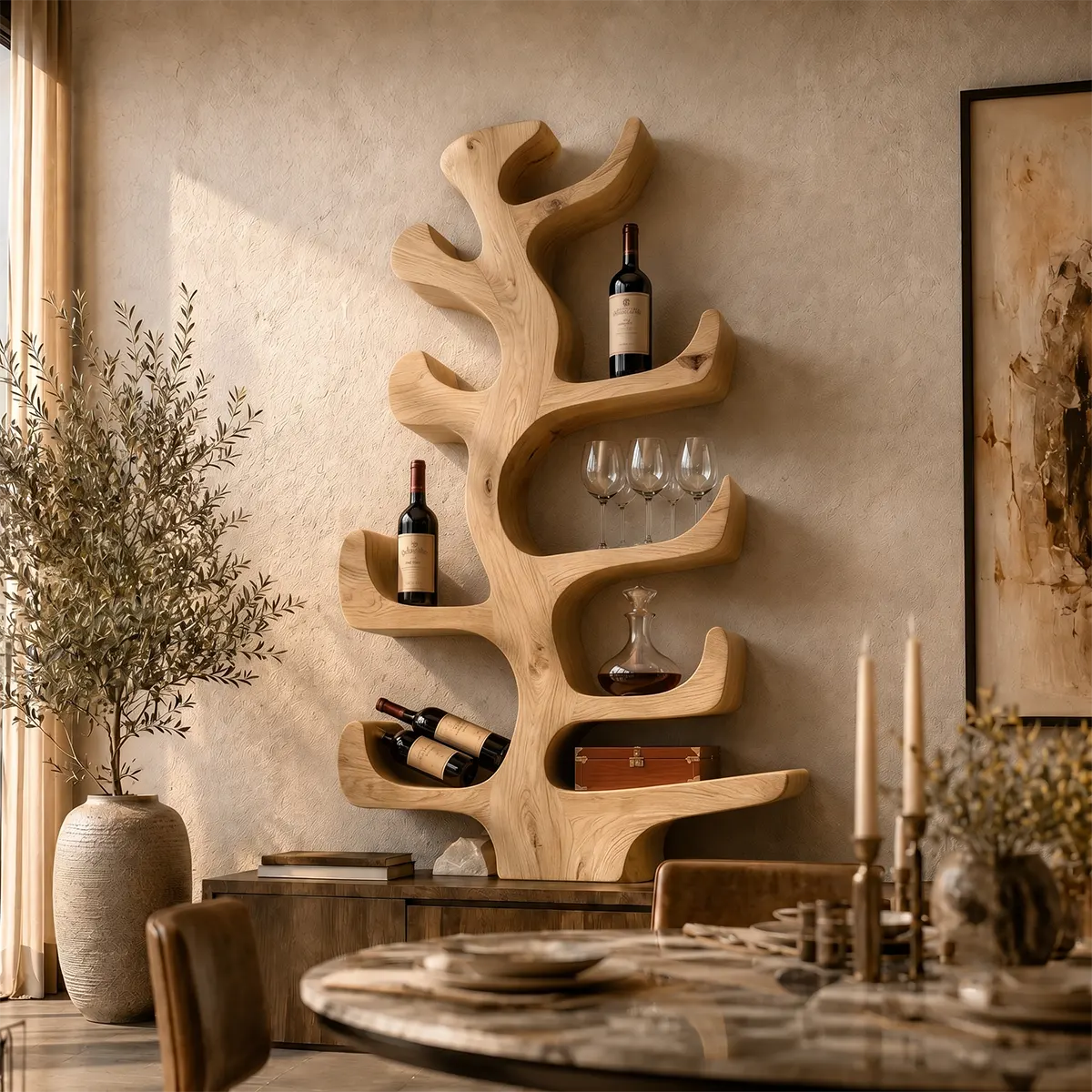 Sculptural Solid Wood Tree Wine Holder for Dining Rooms, Home Bars & Wine Lovers TT006-4348