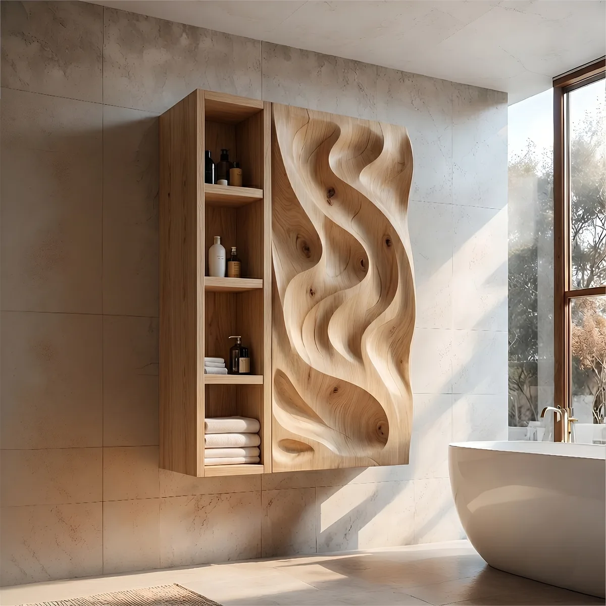 Solid Wood Wall Storage Cabinet Handcrafted Carved Wave Bathroom Cabinet