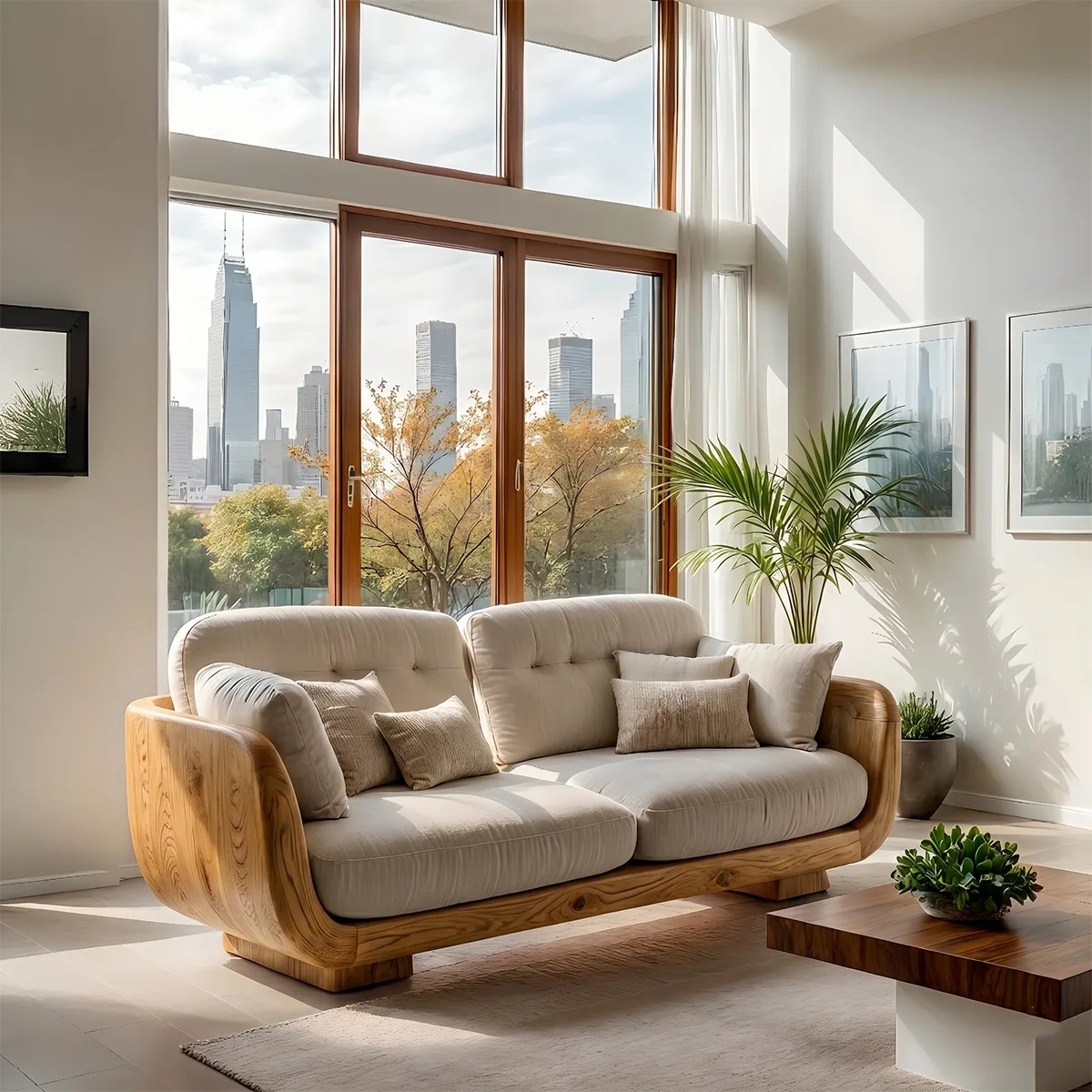 Luxury Curved Wooden Sofa with Organic Modern Sculptural Design