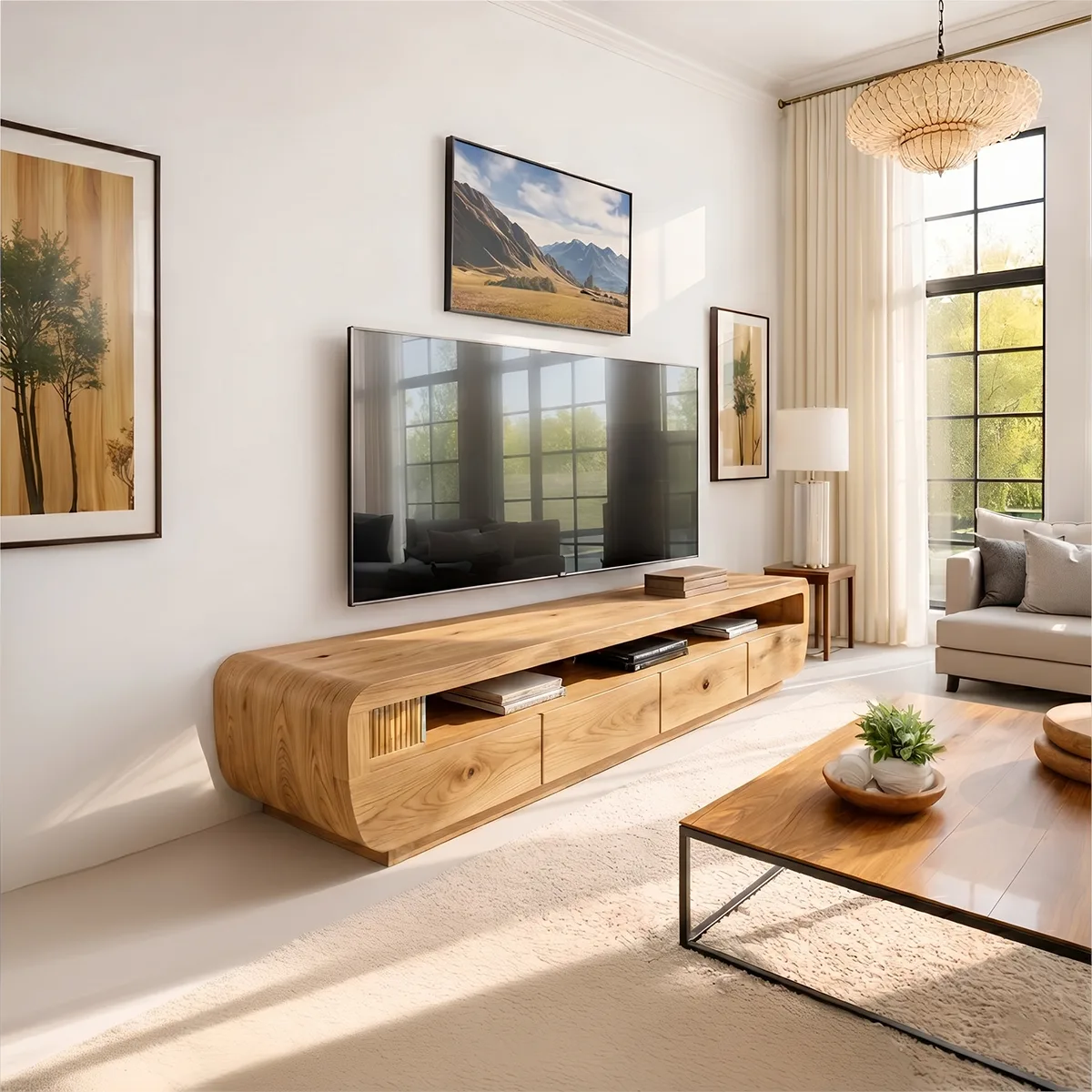 Modern Solid Wood Asymmetrical Rounded TV Stand