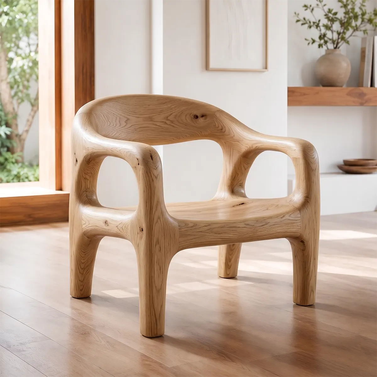 Organic Modern Solid Wood Accent Chair | Sculptural Wooden Dining Chair for Contemporary Interiors TT006-5535